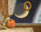 Detail of the painting \"Breakfast Gagarin.\" Apples, month, levitating cake.